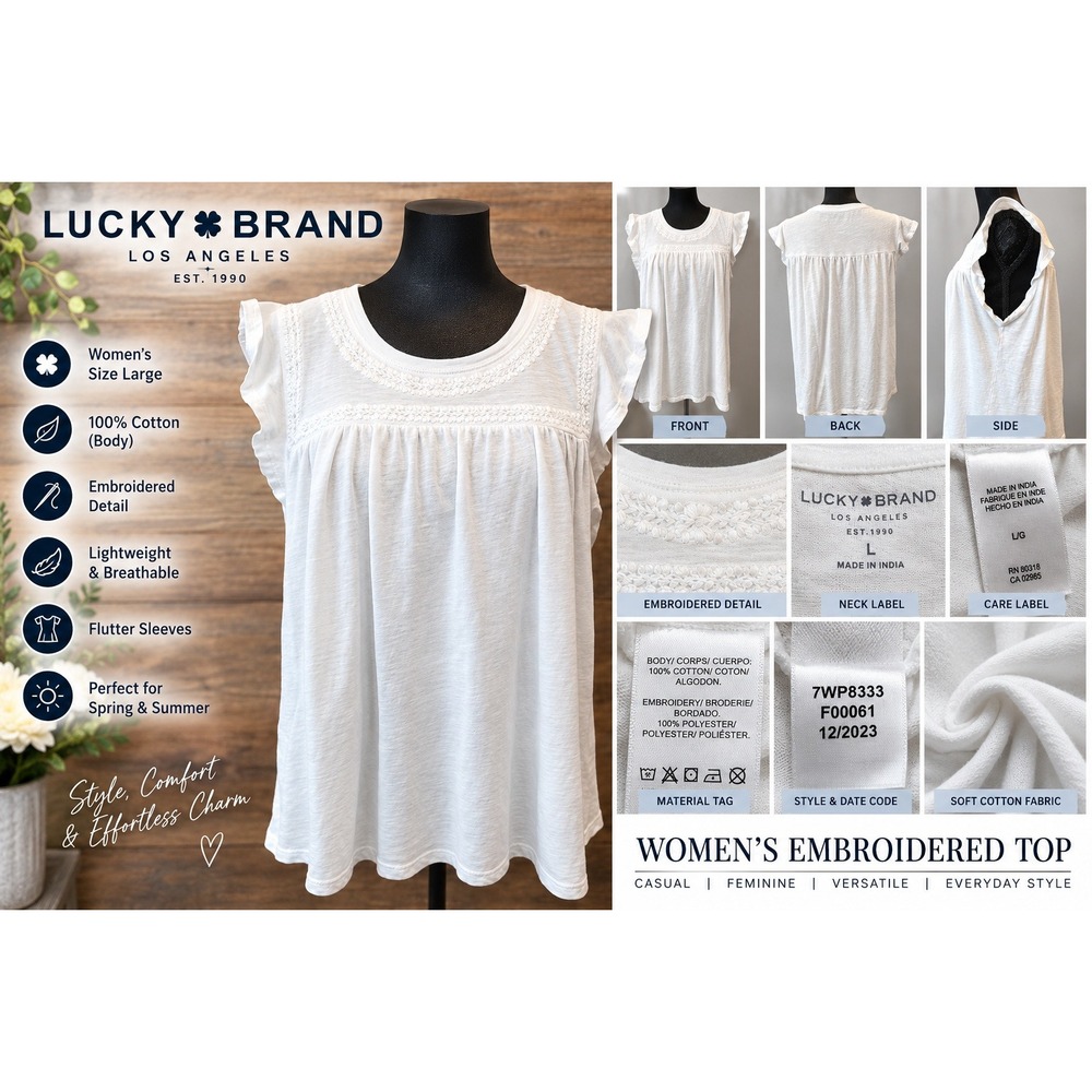 Lucky Brand Women White Embroidered Flutter Sleeve Cotton Top 7WP8333 Large